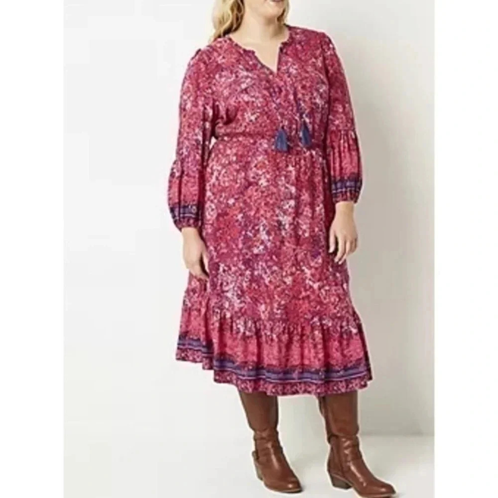 Frye and Co. Plus Balloon Sleeve Long Sleeve Midi Fit + Flare Dress